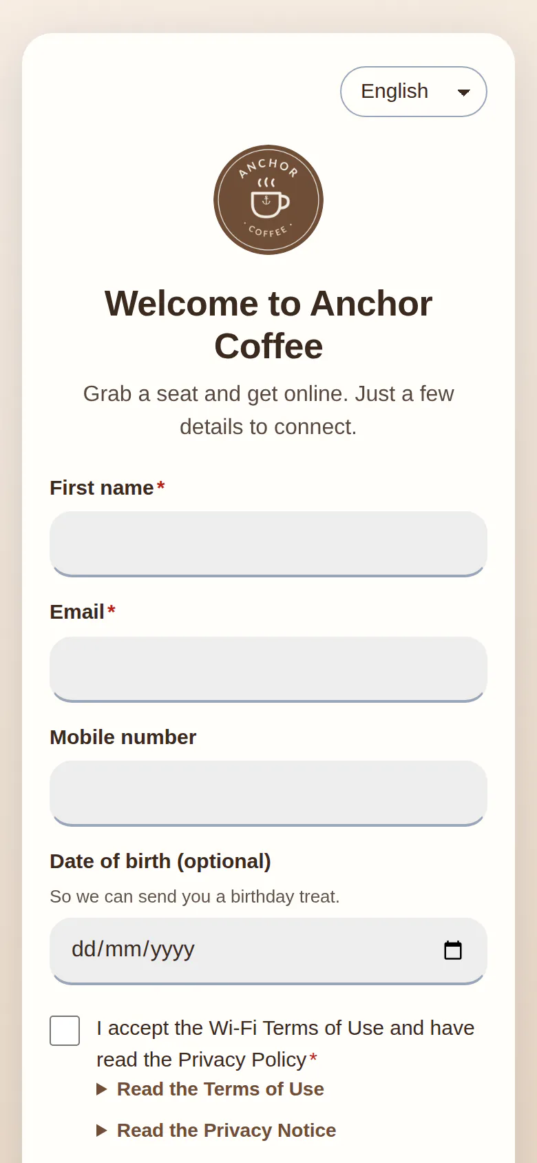Café guest Wi-Fi sign-in page on a phone