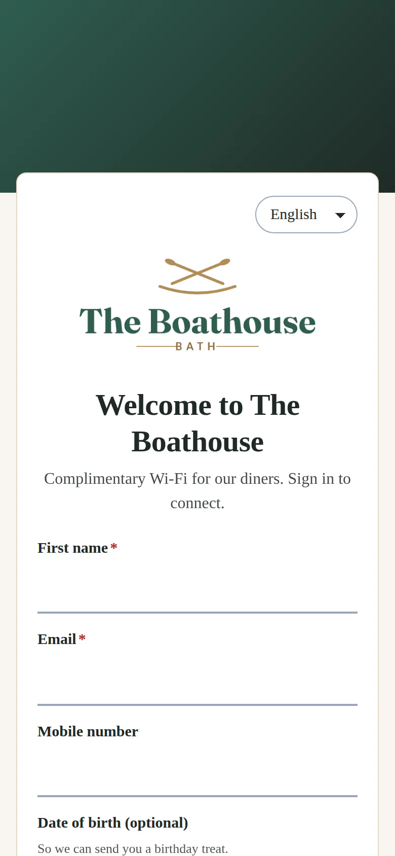 Sign-in page for The Boathouse, a demo restaurant, on the restaurant template