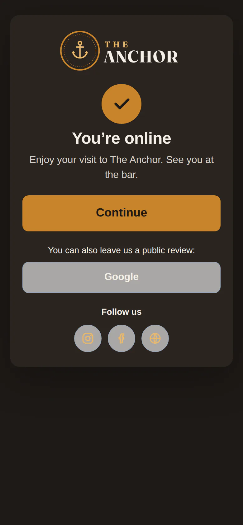 "You’re online" screen with a review link and follow-us buttons