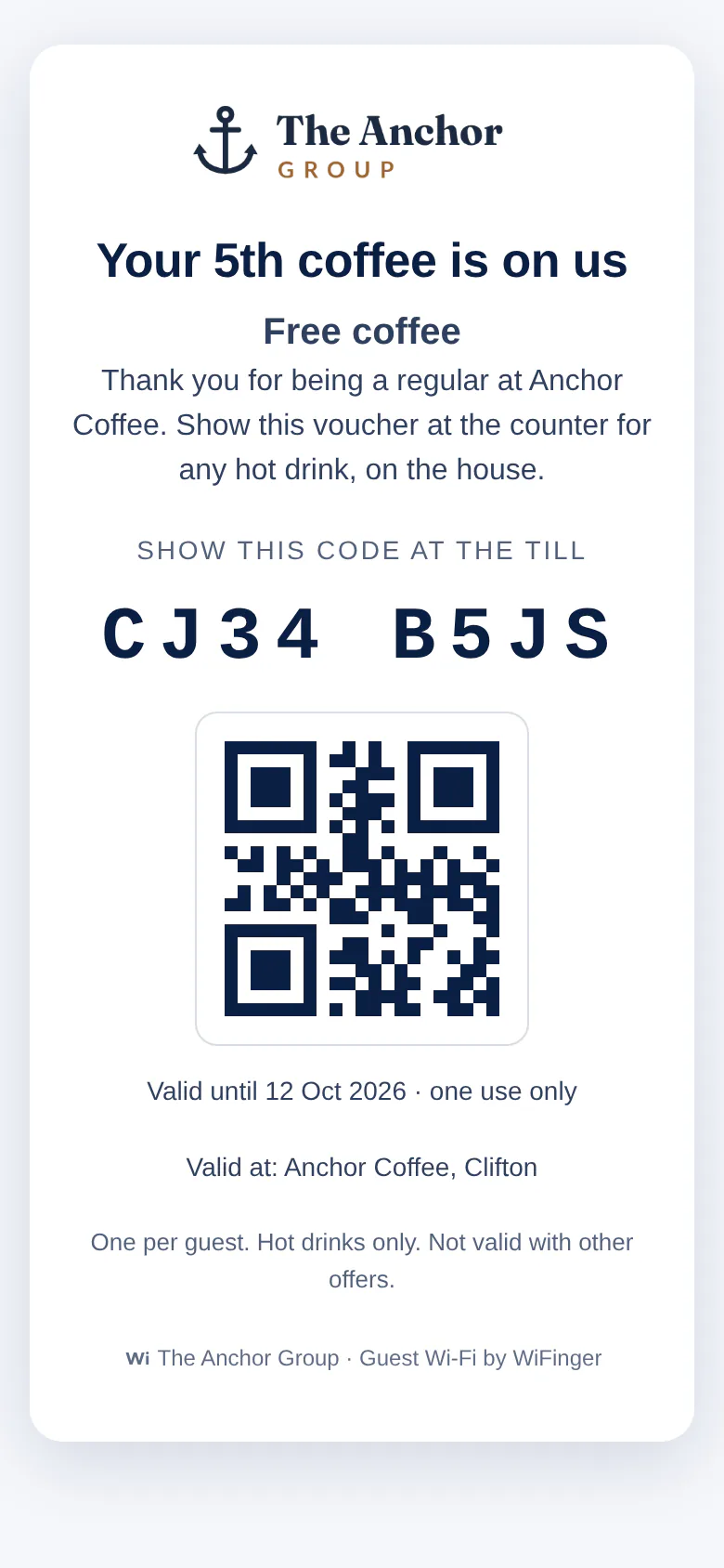 Single-use voucher page shown to staff at the till